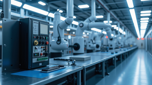 家具制造MES系统界面，生产线监控大屏，实时数据显示，蓝色背景，明亮自然光