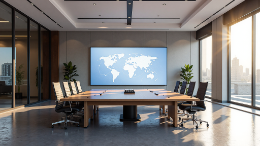 国际合作项目现场，多国团队协作，现代化会议室环境，蓝色背景，明亮自然光